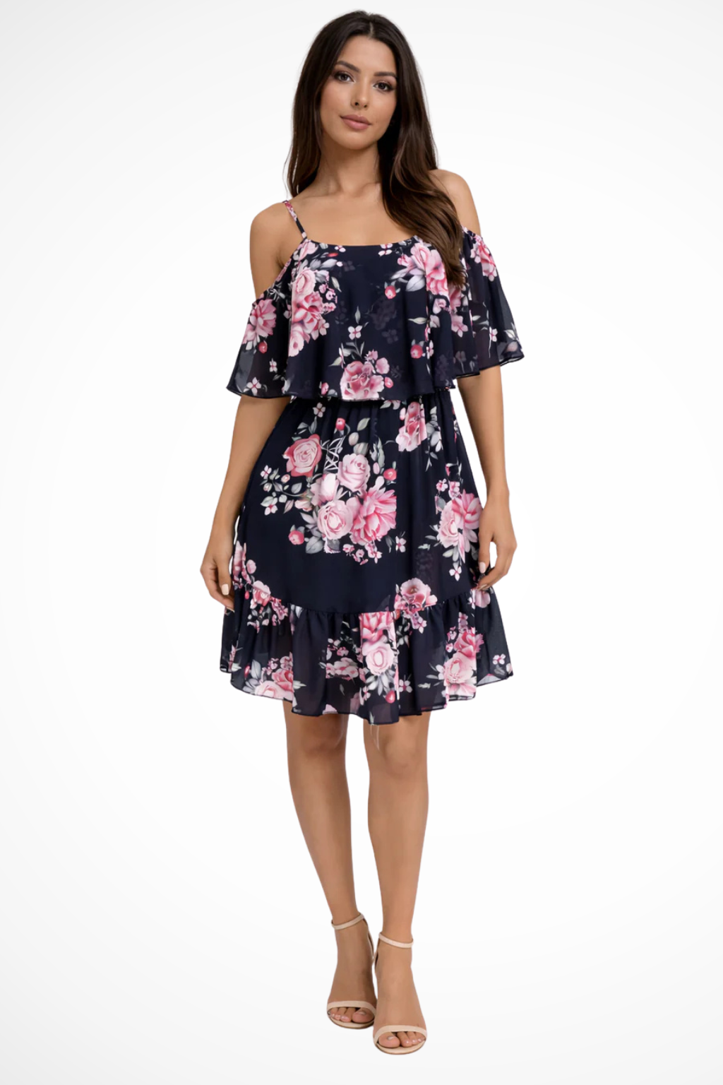 Women Off Shoulder Floral Chiffon Ruffle Mini Boho Dress – Modern Everyday Look – Light Blue – M