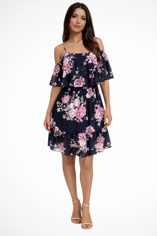 Women Off Shoulder Floral Chiffon Ruffle Mini Boho Dress – Modern Everyday Look – Light Blue – M