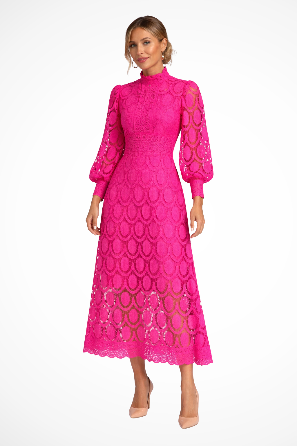 Women Lace Long-Sleeve High Neck Wedding-Guest Midi Dress – Modern Everyday Look – Dark Pink – 2XL