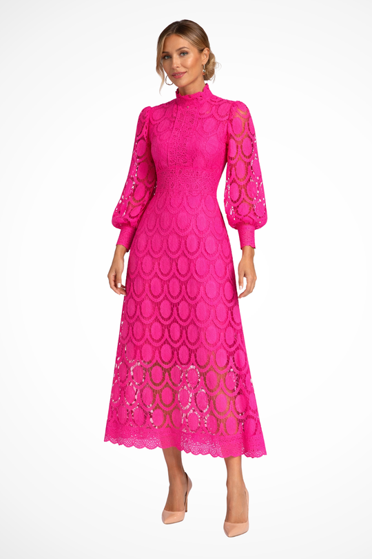 Women Lace Long-Sleeve High Neck Wedding-Guest Midi Dress – Modern Everyday Look – Dark Pink – 2XL