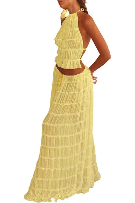Women Ruched Halter Top and Maxi Skirt 2 Piece Set – Modern Everyday Look – Pink – S