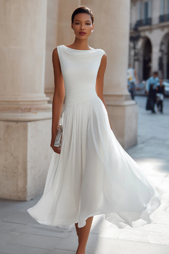 Women Draped Pleated Wedding-Guest Midi Dress – Modern Everyday Look – White – 2XL