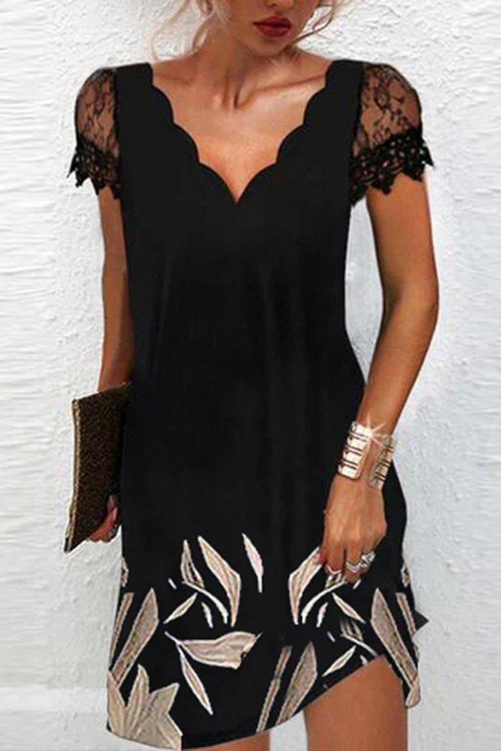 Women Lace Sleeve Midi Wedding-Guest Dress – Modern Everyday Look – Black &amp; White – XL
