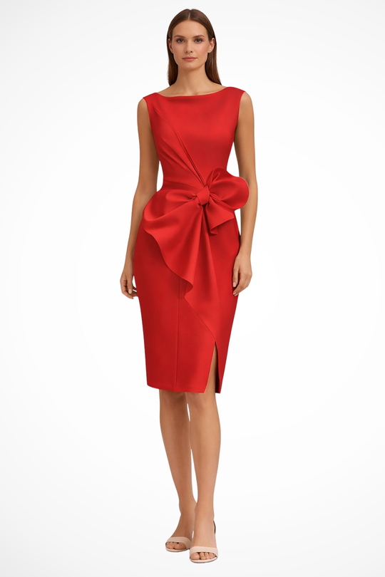 Women Sleeveless Bow Detail Wedding-Guest Midi Dress – Modern Everyday Look – White – XS
