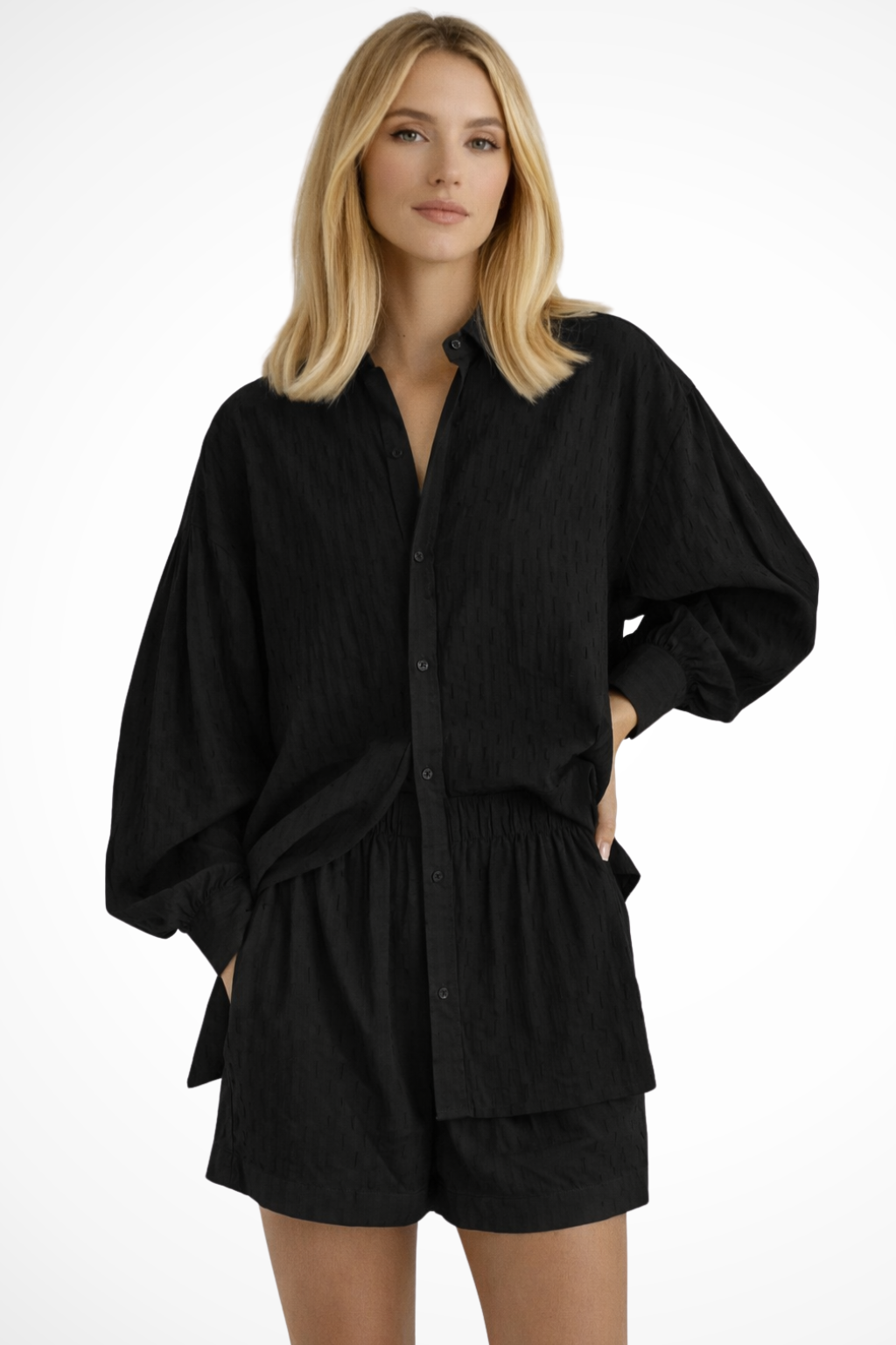 Women Oversized Long-Sleeve Broderie Shirt and Matching Shorts Summer Set – Modern Everyday Look – Yellow – XS
