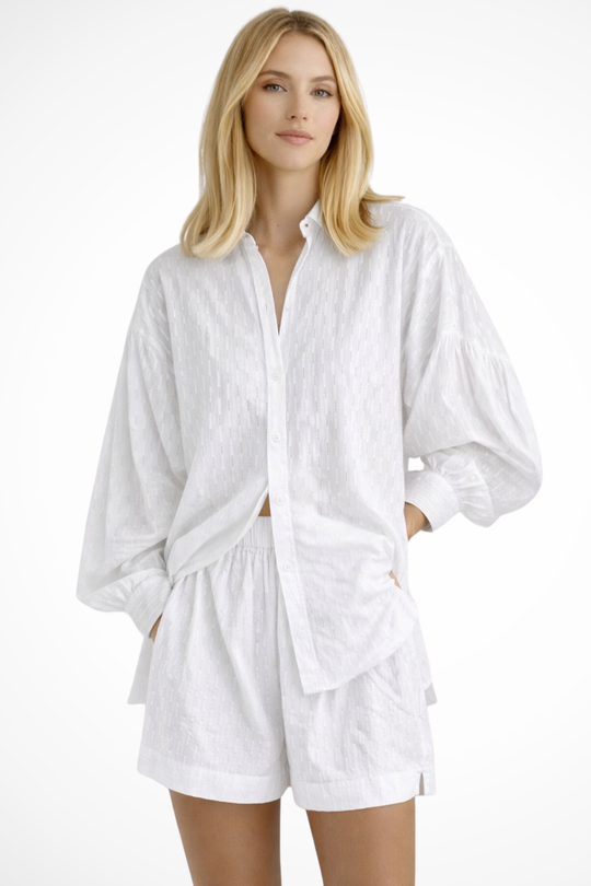 Women Oversized Long-Sleeve Broderie Shirt and Matching Shorts Summer Set – Modern Everyday Look – White – XS