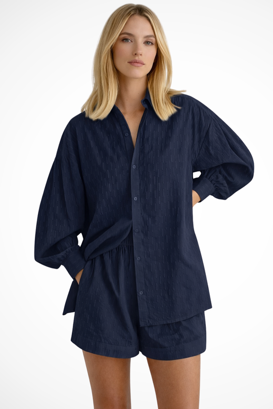 Women Oversized Long-Sleeve Broderie Shirt and Matching Shorts Summer Set – Modern Everyday Look – Purple – XL