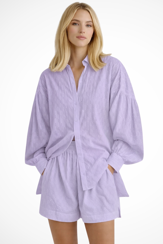 Women Oversized Long-Sleeve Broderie Shirt and Matching Shorts Summer Set – Modern Everyday Look – White – XL