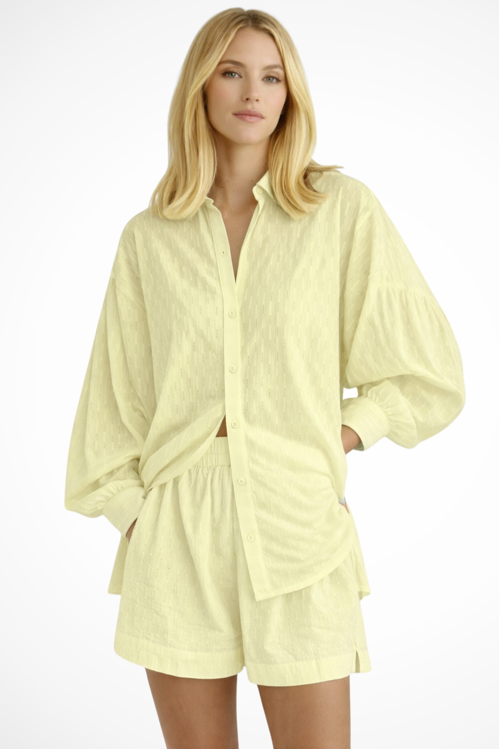 Women Oversized Long-Sleeve Broderie Shirt and Matching Shorts Summer Set – Modern Everyday Look – Purple – XS