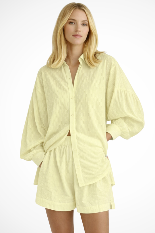 Women Oversized Long-Sleeve Broderie Shirt and Matching Shorts Summer Set – Modern Everyday Look – Purple – XS
