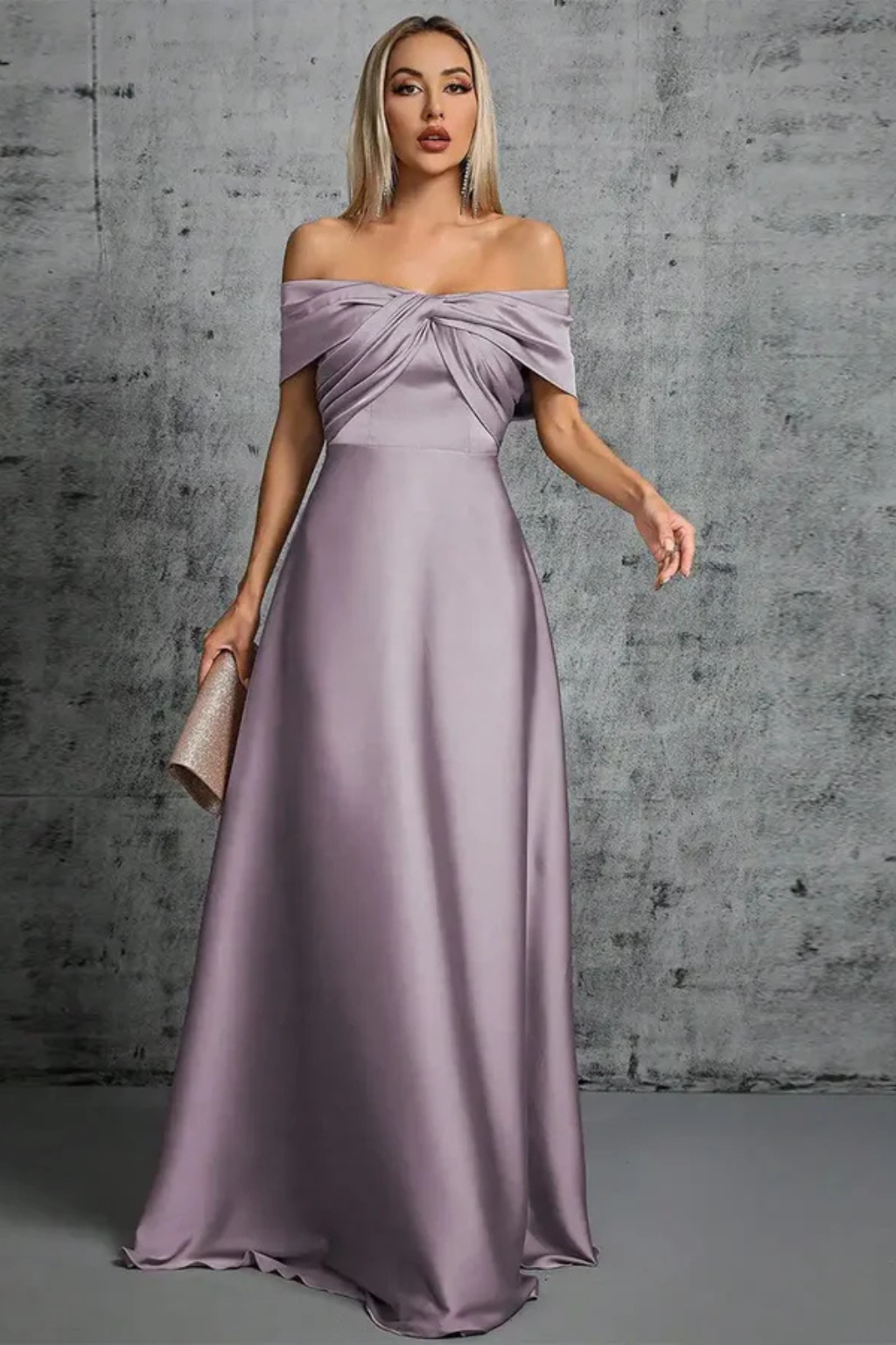 Women Off Shoulder Twisted Pleated Satin Wedding-Guest Maxi Dress – Modern Everyday Look – Blue – 2XL