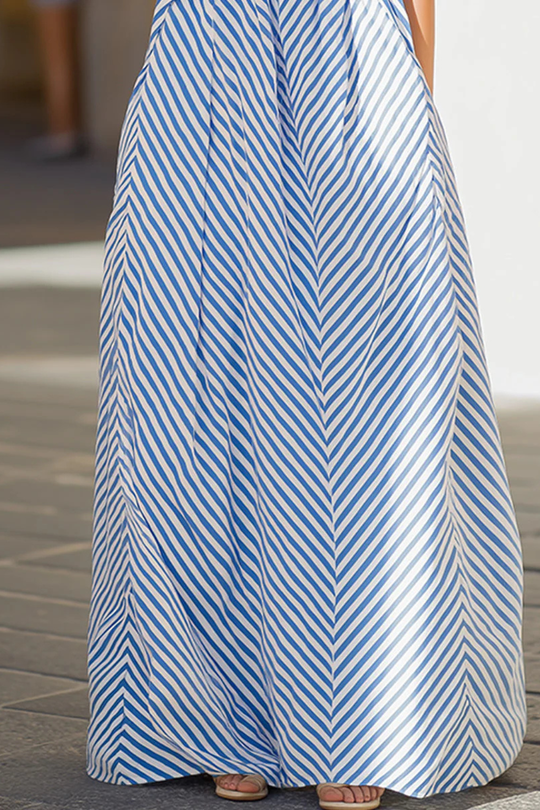 Women Striped Halter Neck Summer Maxi Dress – Modern Everyday Look – Grey – M