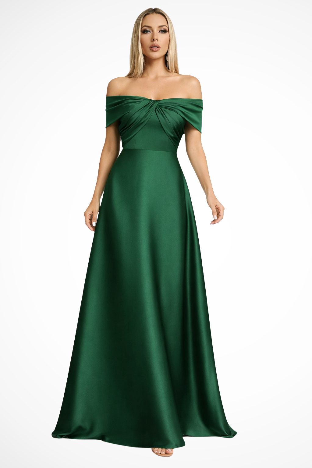 Women Off Shoulder Twisted Pleated Satin Wedding-Guest Maxi Dress – Modern Everyday Look – Dark Green – XS