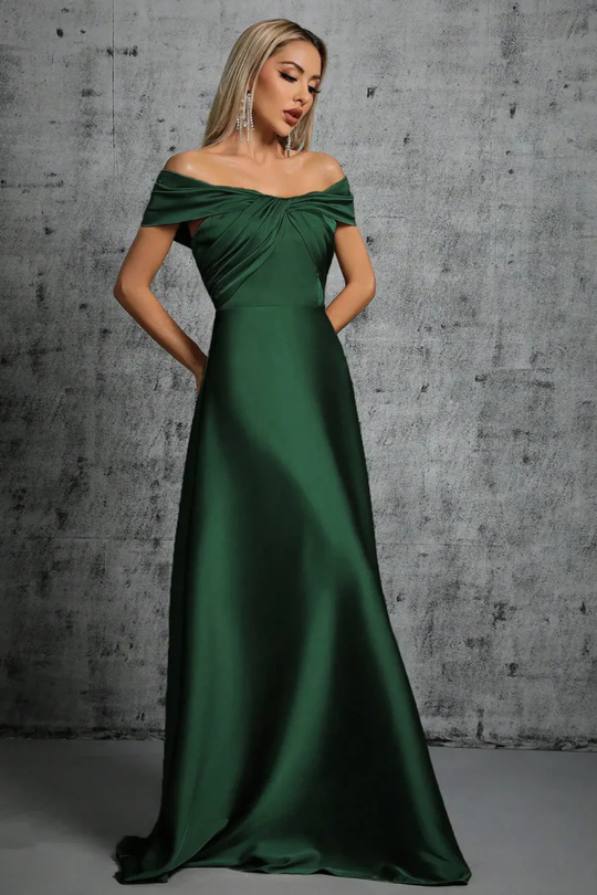 Women Off Shoulder Twisted Pleated Satin Wedding-Guest Maxi Dress – Modern Everyday Look – Dark Green – S