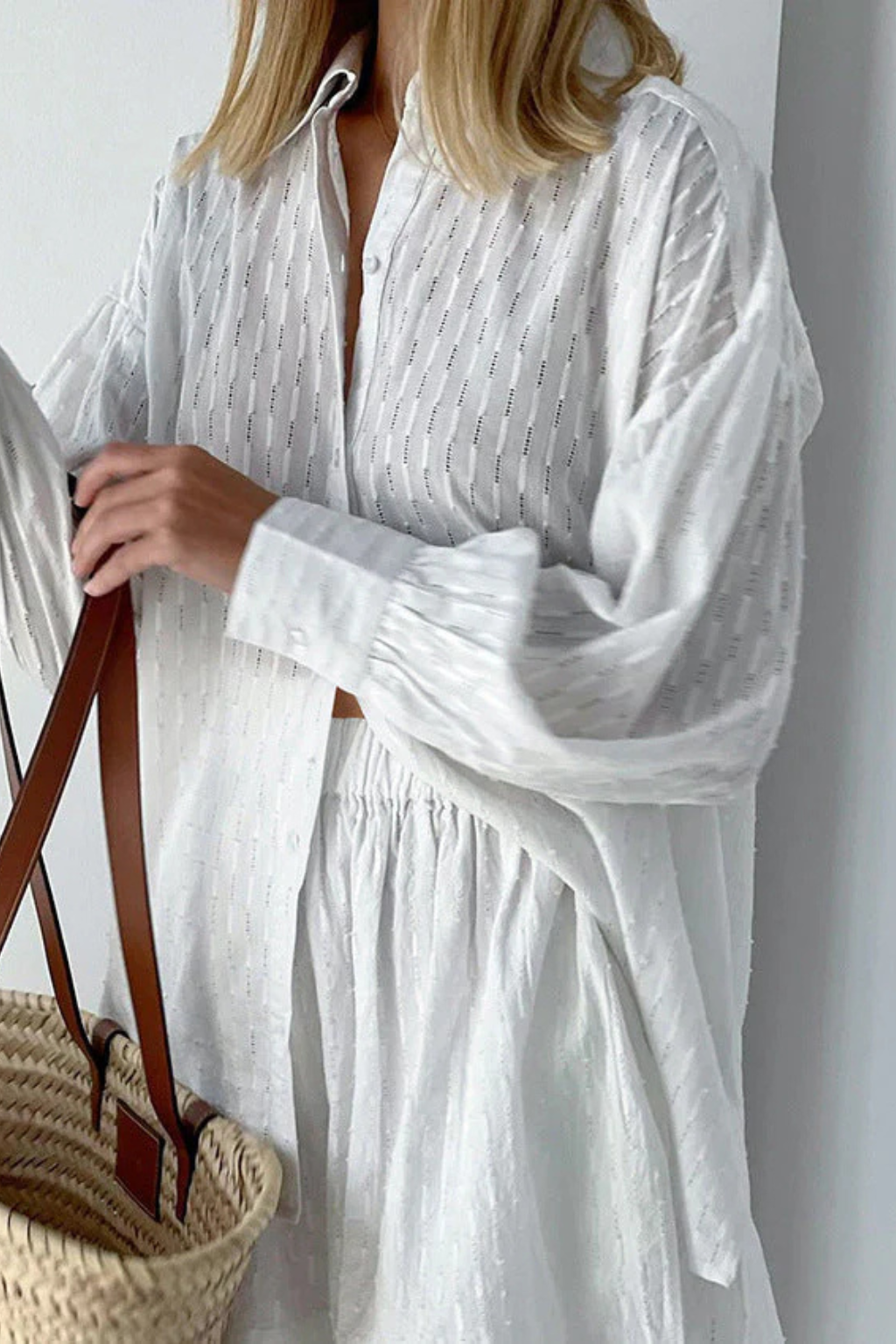 Women Oversized Long-Sleeve Broderie Shirt and Matching Shorts Summer Set – Modern Everyday Look – White – M