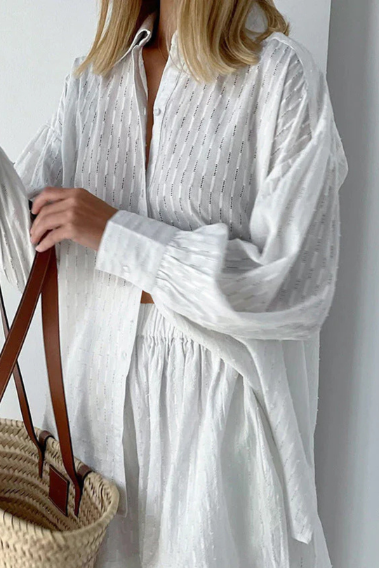 Women Oversized Long-Sleeve Broderie Shirt and Matching Shorts Summer Set – Modern Everyday Look – White – M