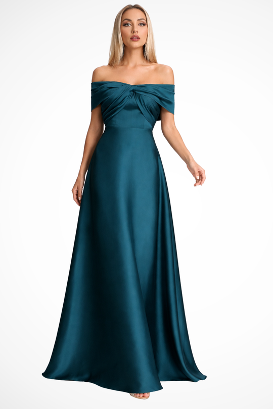 Women Off Shoulder Twisted Pleated Satin Wedding-Guest Maxi Dress – Modern Everyday Look – Dark Green – M