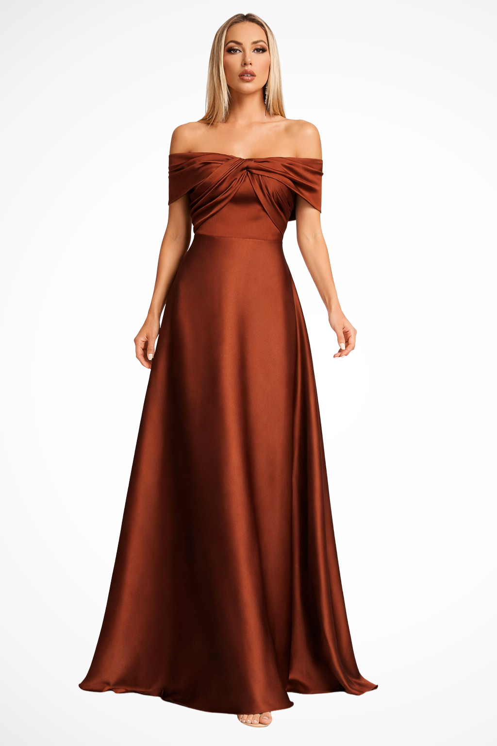 Women Off Shoulder Twisted Pleated Satin Wedding-Guest Maxi Dress – Modern Everyday Look – Khaki – XS