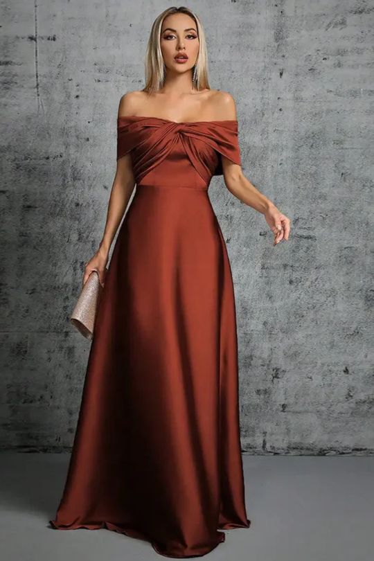 Women Off Shoulder Twisted Pleated Satin Wedding-Guest Maxi Dress – Modern Everyday Look – Khaki – S