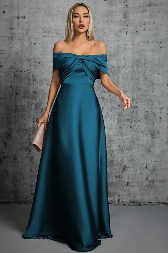 Women Off Shoulder Twisted Pleated Satin Wedding-Guest Maxi Dress – Modern Everyday Look – Dark Green – L