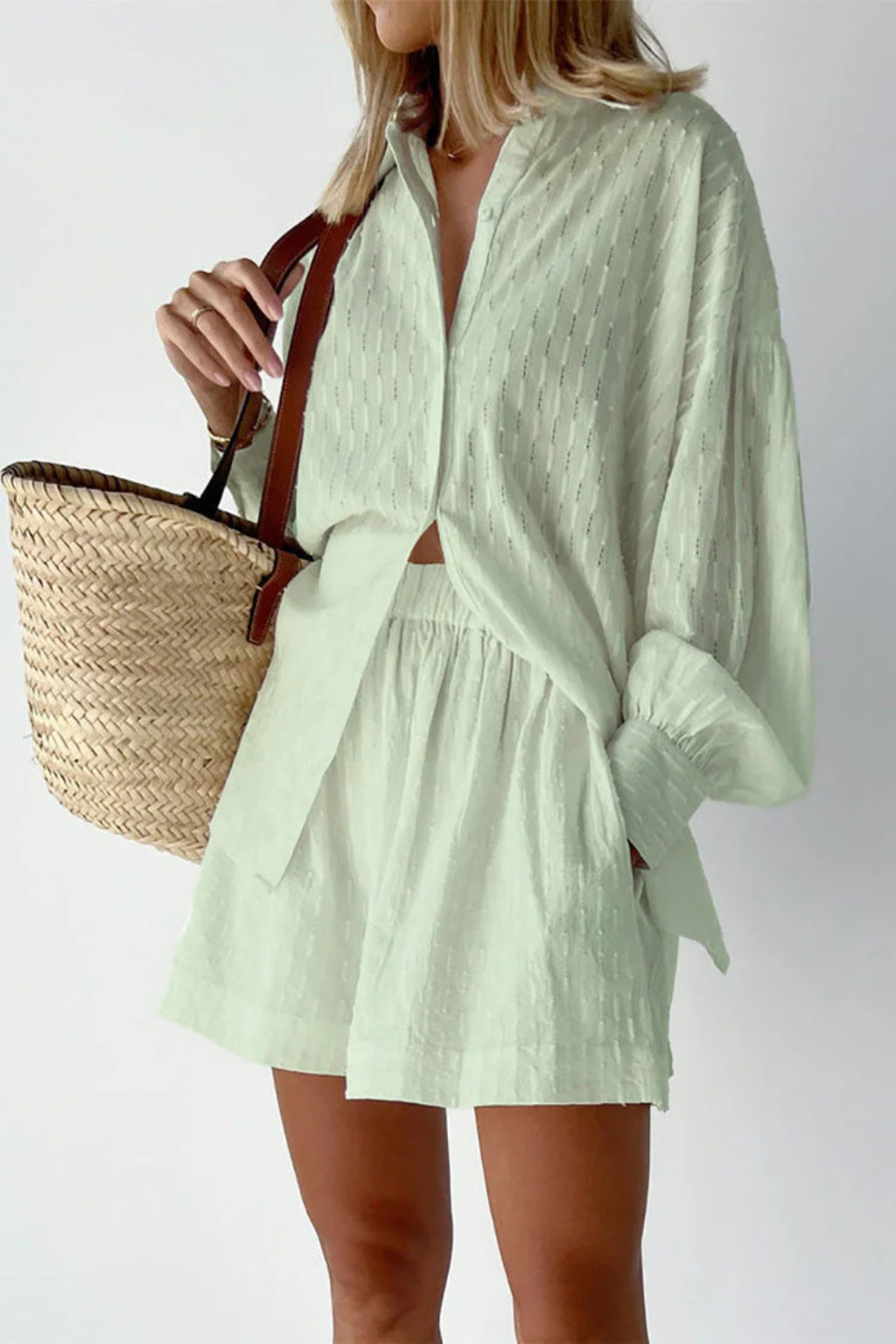 Women Oversized Long-Sleeve Broderie Shirt and Matching Shorts Summer Set – Modern Everyday Look – Purple – L