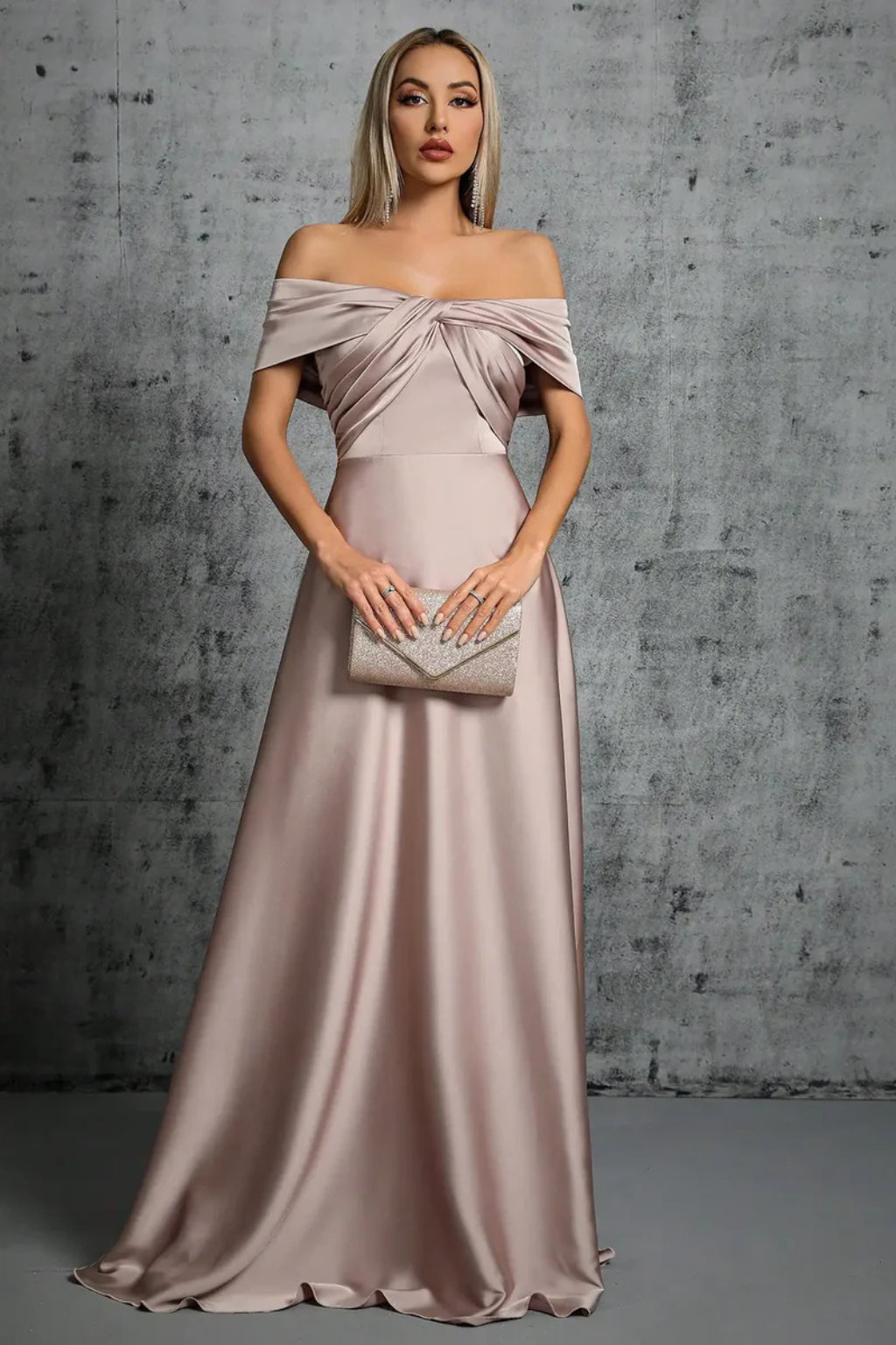 Women Off Shoulder Twisted Pleated Satin Wedding-Guest Maxi Dress – Modern Everyday Look – Blue – S