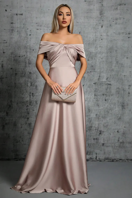 Women Off Shoulder Twisted Pleated Satin Wedding-Guest Maxi Dress – Modern Everyday Look – Blue – S