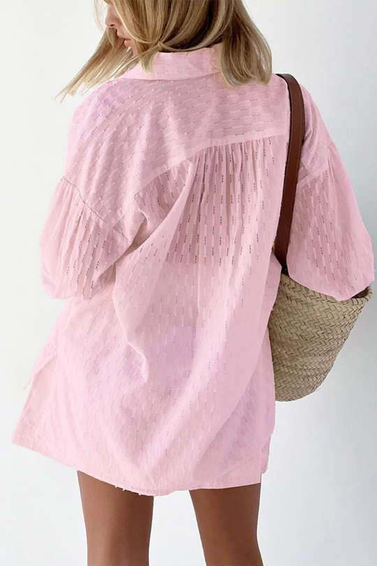 Women Oversized Long-Sleeve Broderie Shirt and Matching Shorts Summer Set – Modern Everyday Look – Light Green – M