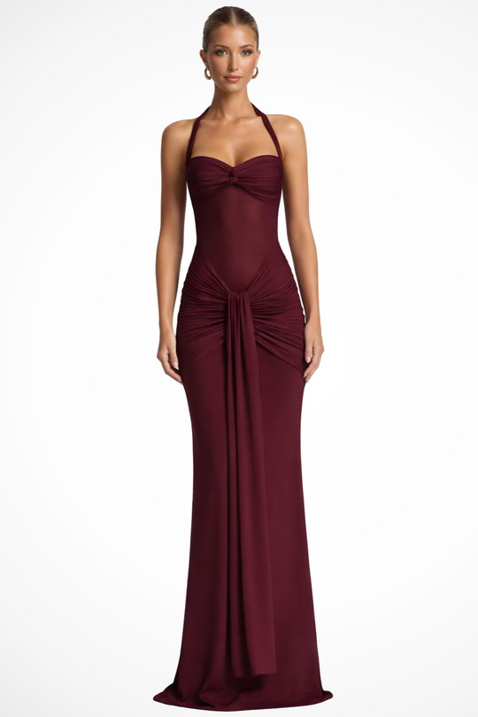 Women Halter Neck Ruched Wedding-Guest Maxi Dress – Modern Everyday Look – Burgundy – XS