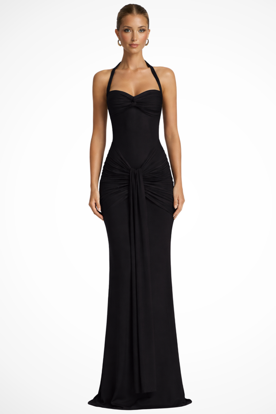 Women Halter Neck Ruched Wedding-Guest Maxi Dress – Modern Everyday Look – Burgundy – M