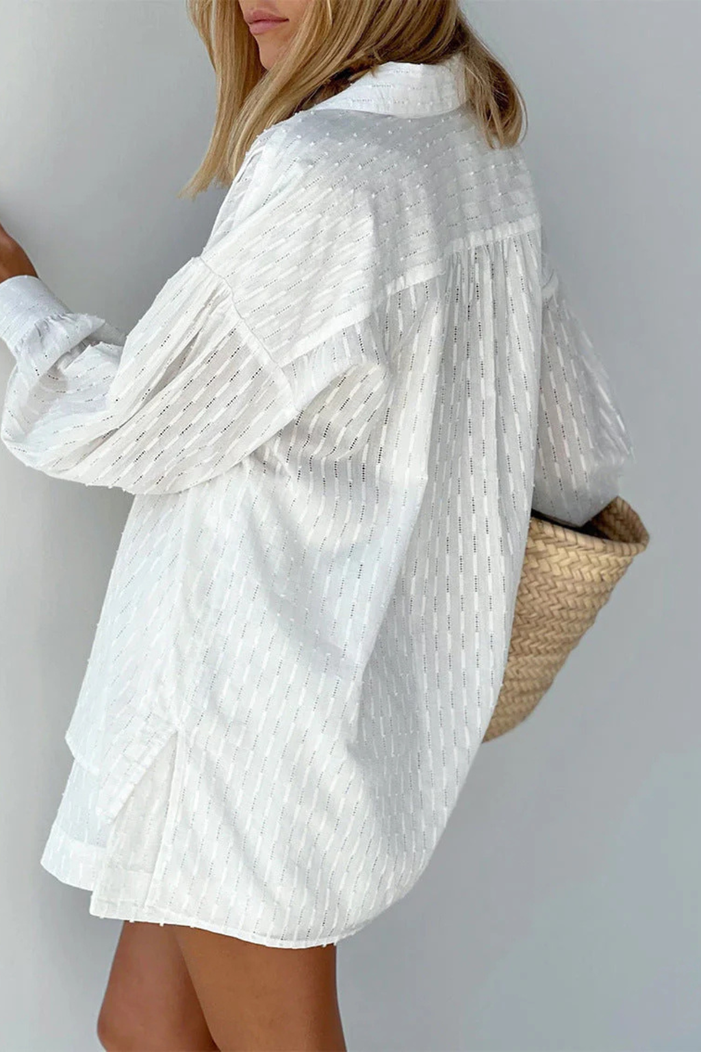 Women Oversized Long-Sleeve Broderie Shirt and Matching Shorts Summer Set – Modern Everyday Look – White – L