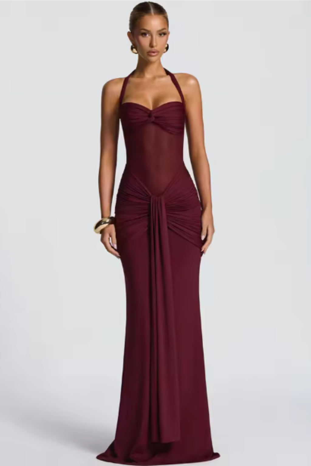 Women Halter Neck Ruched Wedding-Guest Maxi Dress – Modern Everyday Look – Burgundy – S