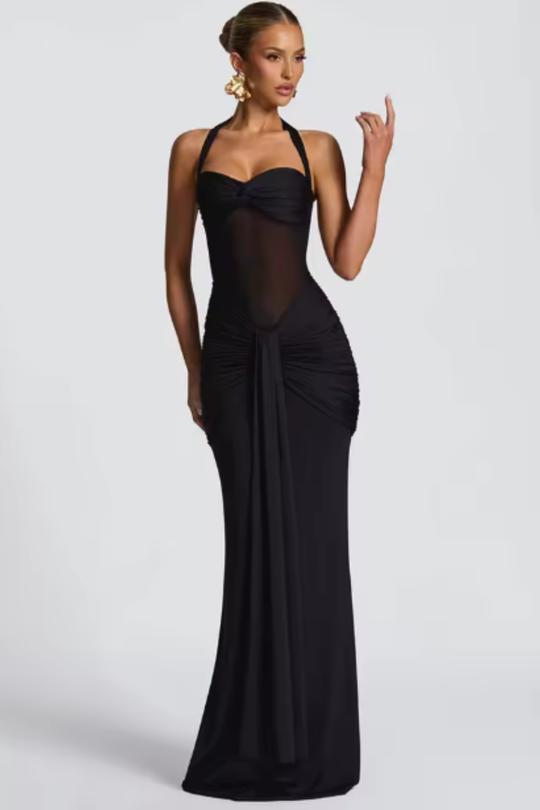 Women Halter Neck Ruched Wedding-Guest Maxi Dress – Modern Everyday Look – Burgundy – L