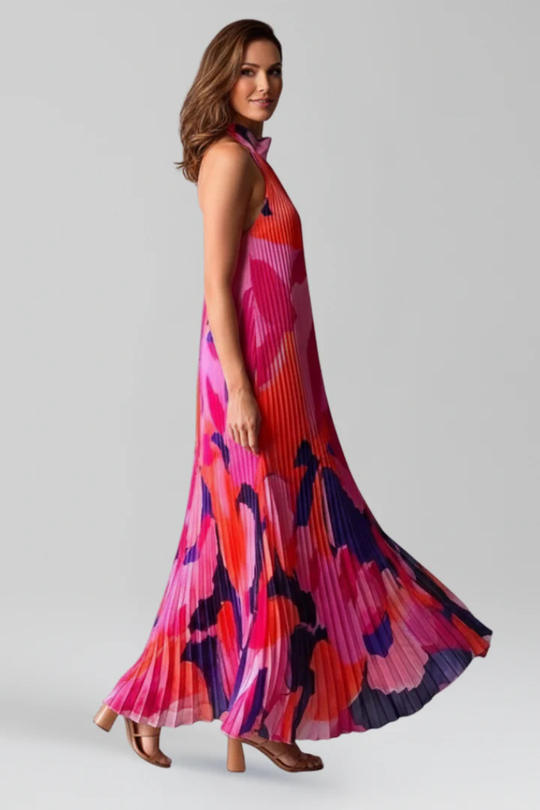Women Printed Pleated Halter Neck Wedding-Guest Maxi Dress – Modern Everyday Look – Pink – XL