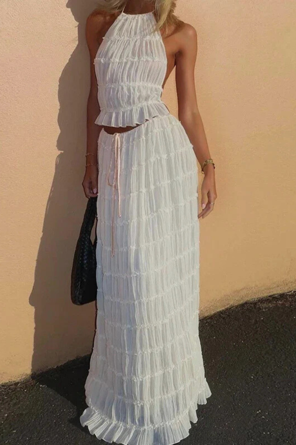 Women Ruched Halter Top and Maxi Skirt 2 Piece Set – Modern Everyday Look – White – M