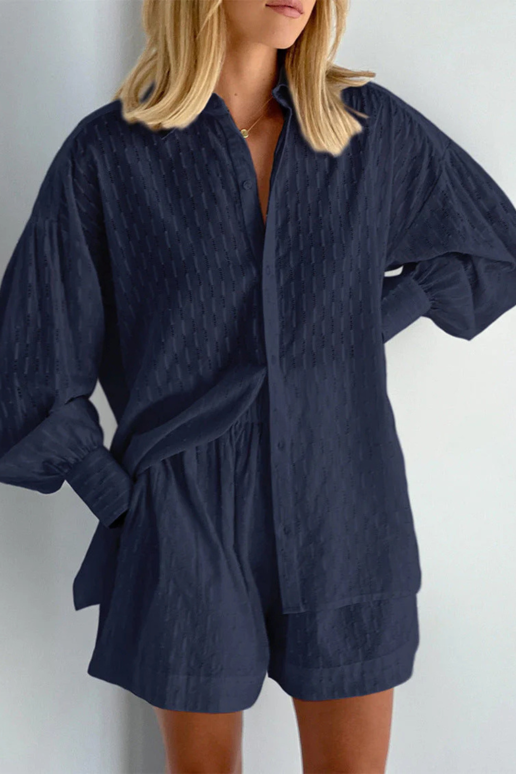 Women Oversized Long-Sleeve Broderie Shirt and Matching Shorts Summer Set – Modern Everyday Look – Purple – 2XL