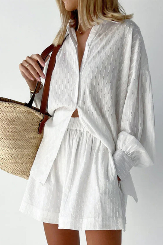 Women Oversized Long-Sleeve Broderie Shirt and Matching Shorts Summer Set – Modern Everyday Look – White – S