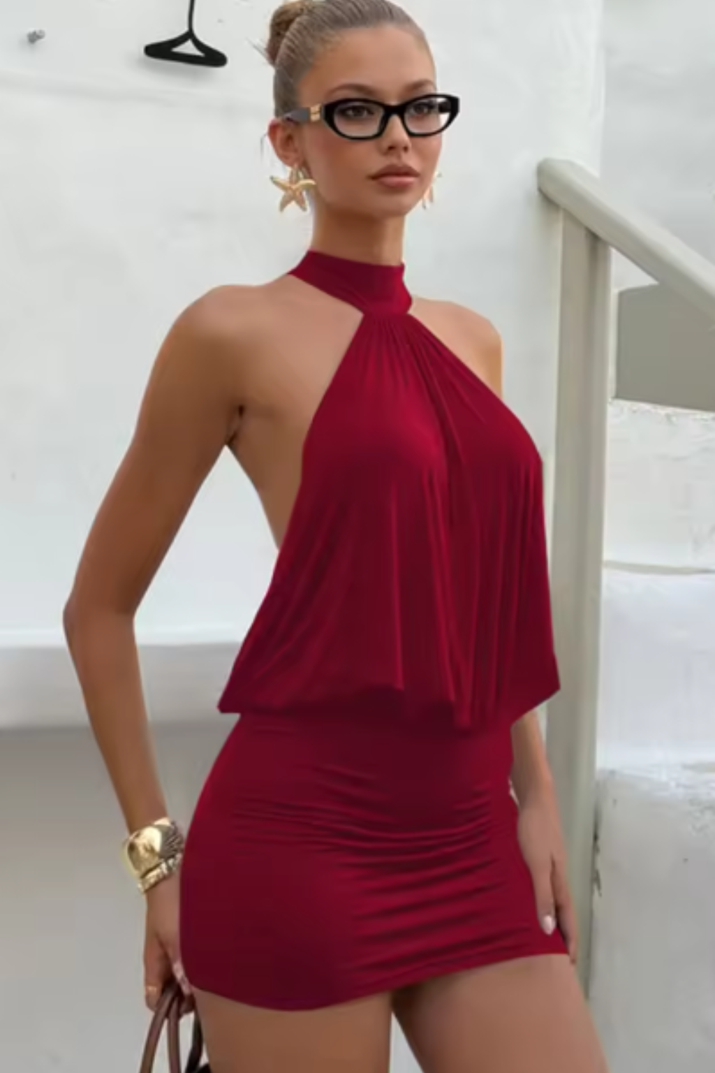 Women Halter Neck Ruched Backless Mini Dress – Modern Everyday Look – Green – S