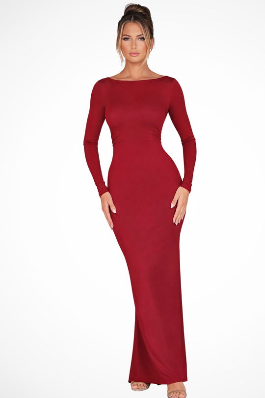 Women Backless Long-Sleeve Maxi Wedding-Guest Dress – Modern Everyday Look – Claret – M