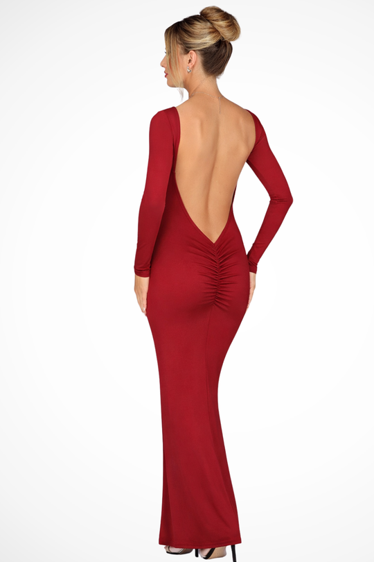 Women Backless Long-Sleeve Maxi Wedding-Guest Dress – Modern Everyday Look – Claret – L