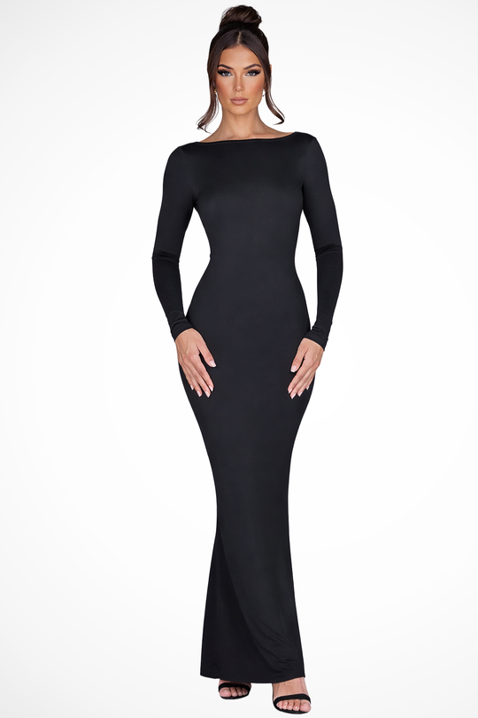 Women Backless Long-Sleeve Maxi Wedding-Guest Dress – Modern Everyday Look – Claret – XL