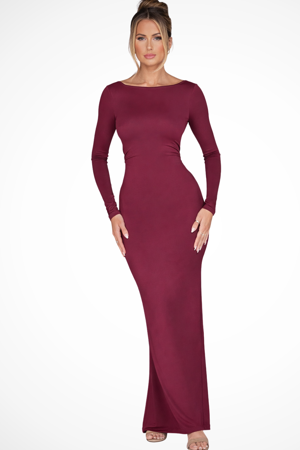 Women Backless Long-Sleeve Maxi Wedding-Guest Dress – Modern Everyday Look – Claret – XS