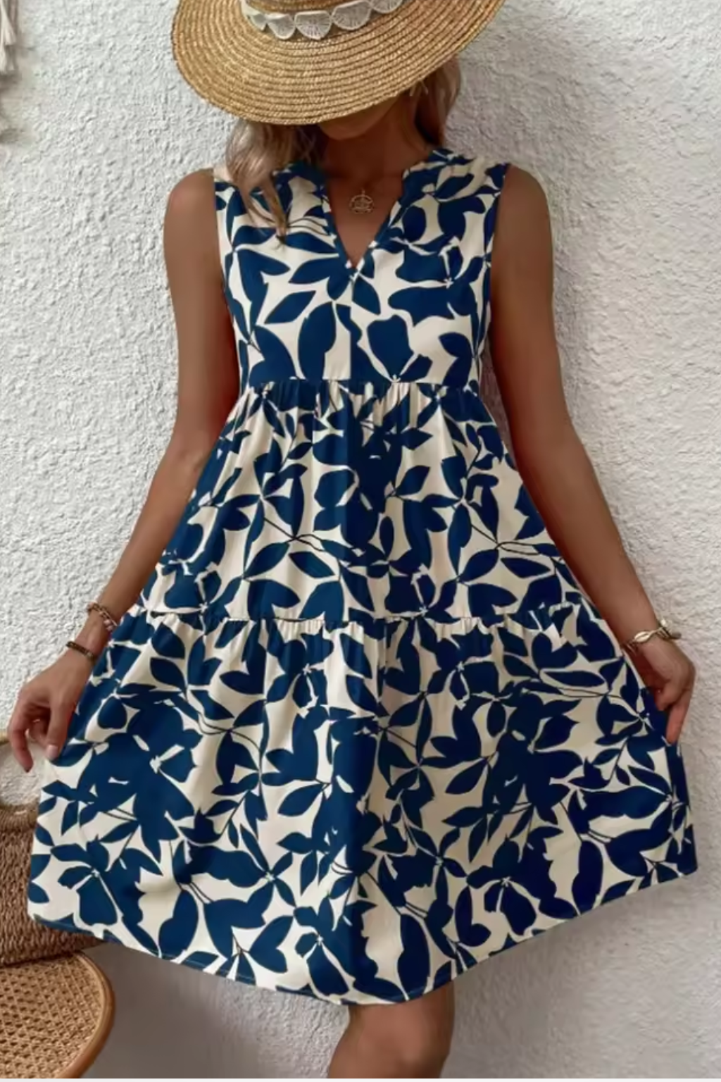 Women Sleeveless V-Neck Beach Boho Midi Dress – Modern Everyday Look – Blue – S
