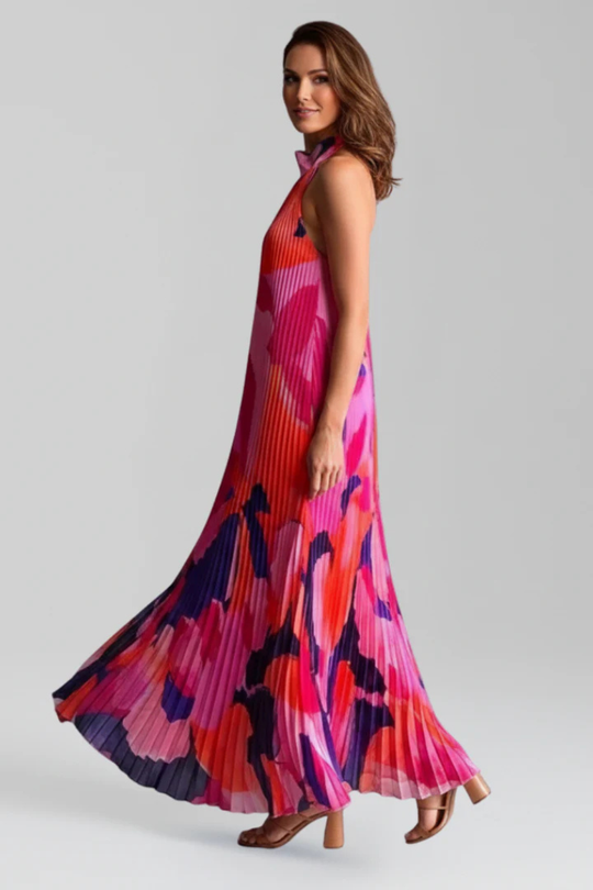 Women Printed Pleated Halter Neck Wedding-Guest Maxi Dress – Modern Everyday Look – Pink – S