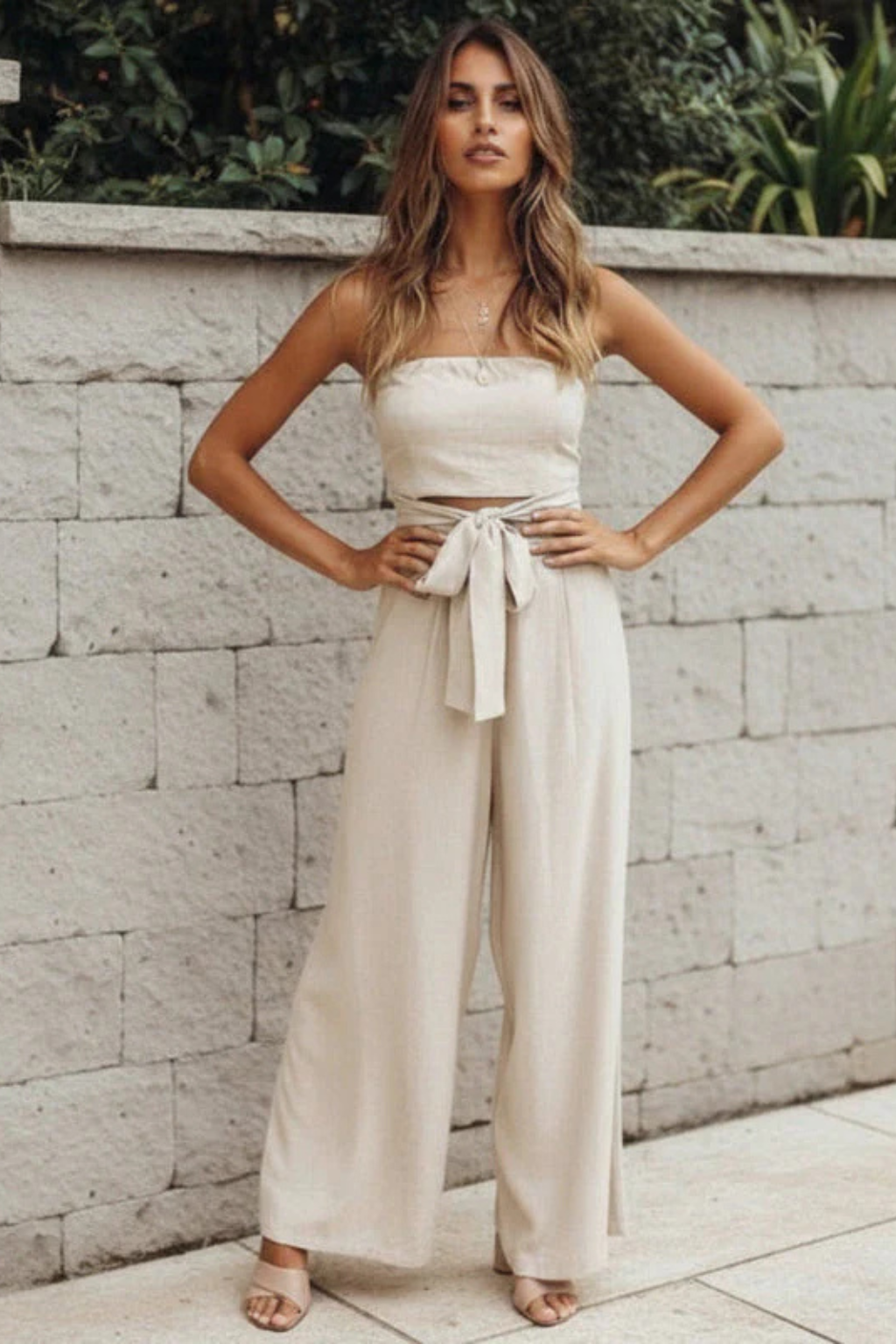 Women Strapless Bandeau Crop Top and High Waist Wide-Leg Trousers Set – Modern Everyday Look – White – XL
