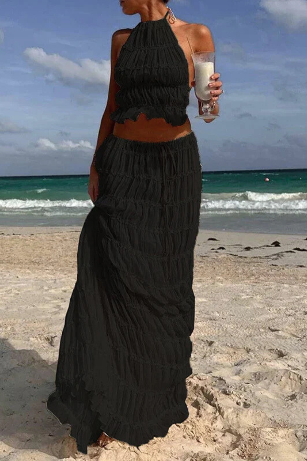 Women Ruched Halter Top and Maxi Skirt 2 Piece Set – Modern Everyday Look – Apricot – 2XL