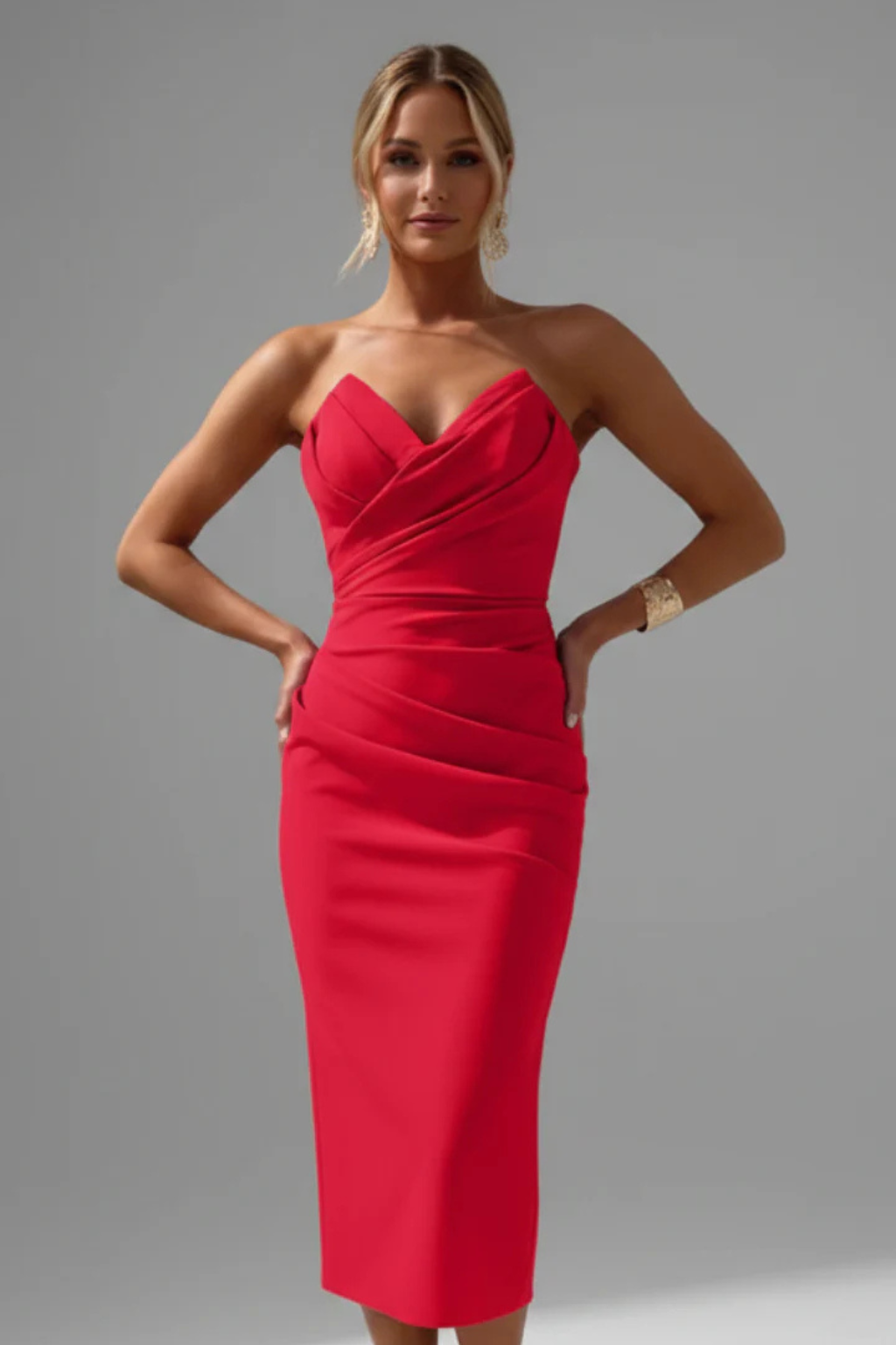 Women Strapless Sweetheart Neckline Ruched Midi Dress – Modern Everyday Look – Blue – M