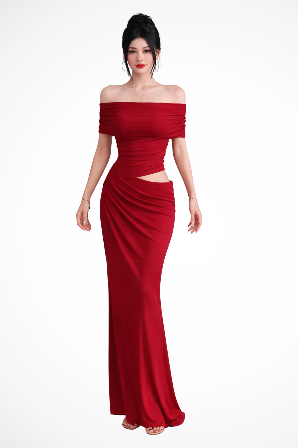 Women Ruched Off Shoulder Wedding-Guest Maxi Dress with Cut Out Detail – Modern Everyday Look – Red – XS