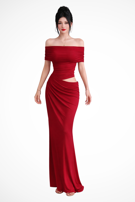 Women Ruched Off Shoulder Wedding-Guest Maxi Dress with Cut Out Detail – Modern Everyday Look – Red – XS