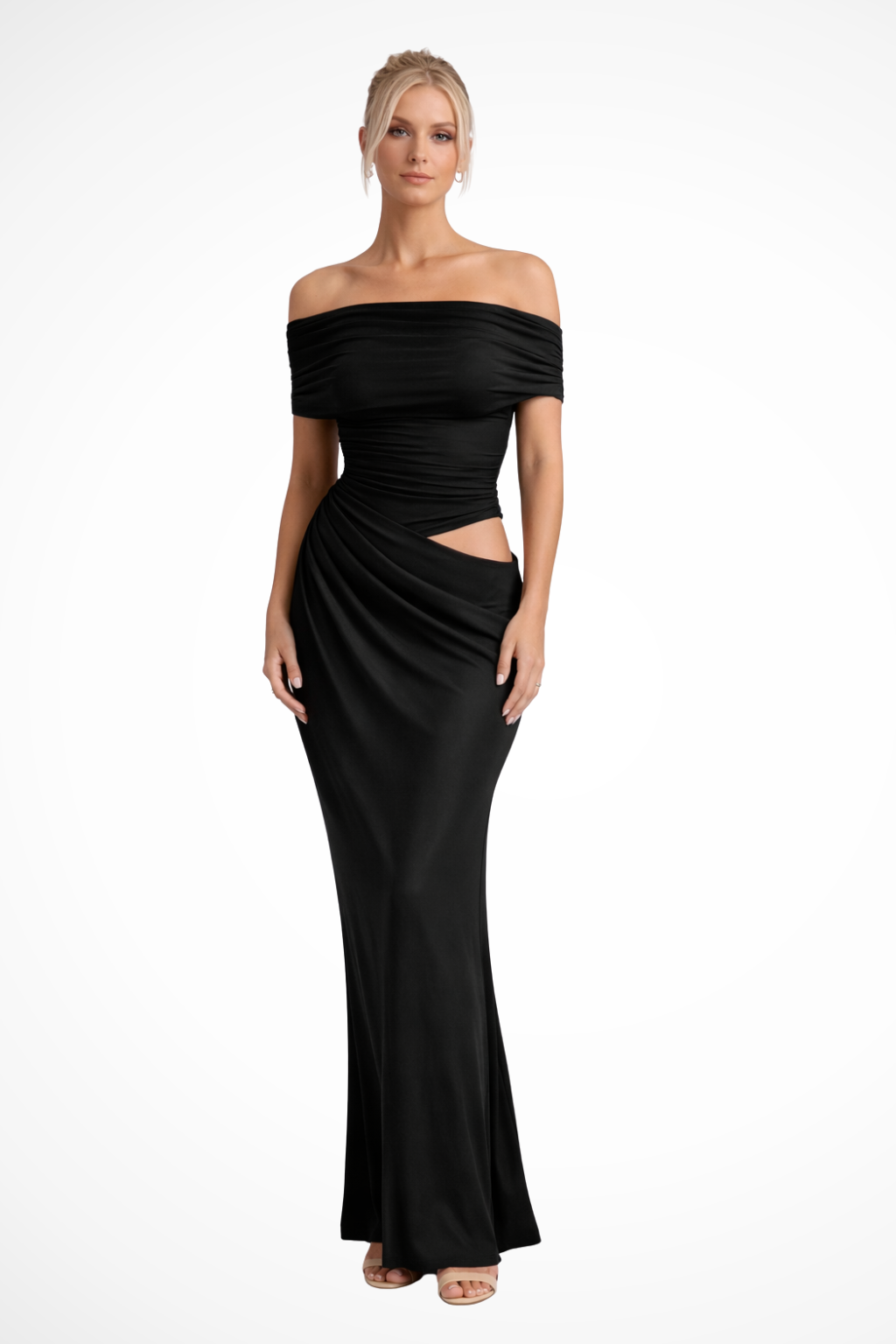 Women Ruched Off Shoulder Wedding-Guest Maxi Dress with Cut Out Detail – Modern Everyday Look – Red – M